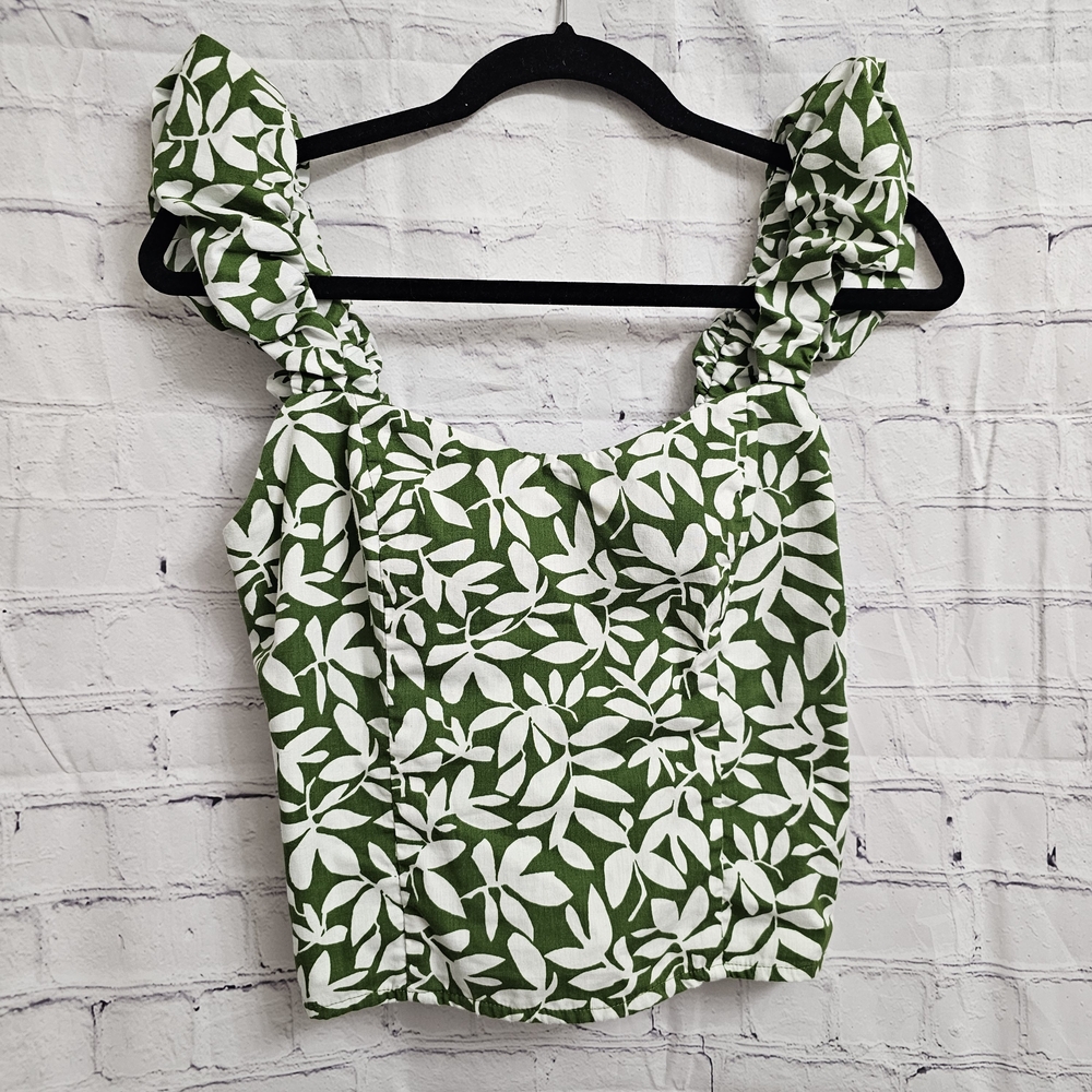 Abercrombie & Fitch Bubble Strap Poplin Smocked Leaf Top Green White